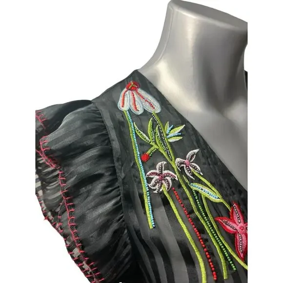 Anthropologie Not So Serious Dress Black Beaded Floral Black 2 Fairy Whimsigoth - Picture 5 of 13